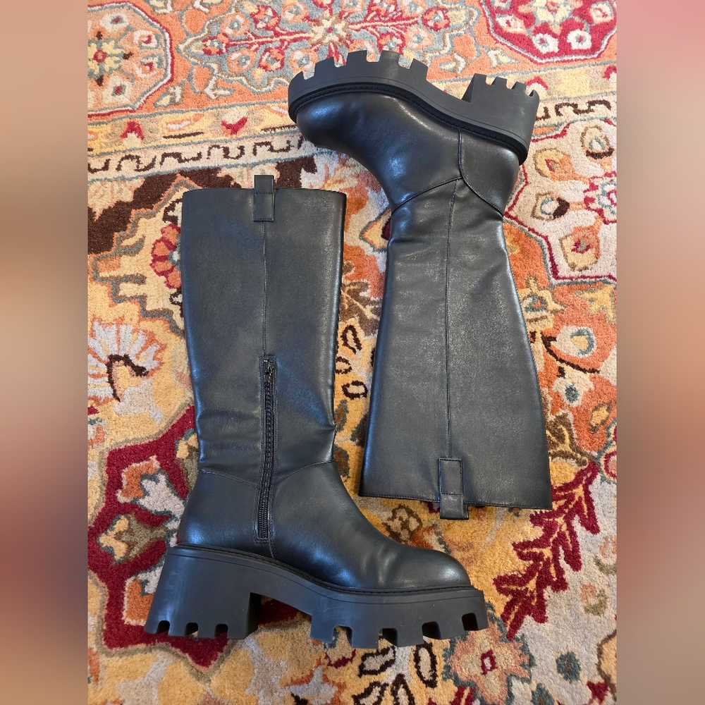 BP Braveril-PU Black Knee High Lug Sole Boots Size 8 Women Manmade